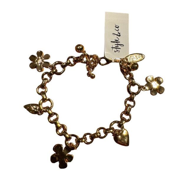 NWT Style & Co Flower, Heart & Leaf Shaky Charm Link Bracelet - Picture 2 of 3